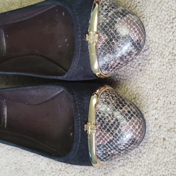 VGUC Tory Burch Pacey driver ballet flat black suede snakeskin print cap toe - Picture 2 of 8